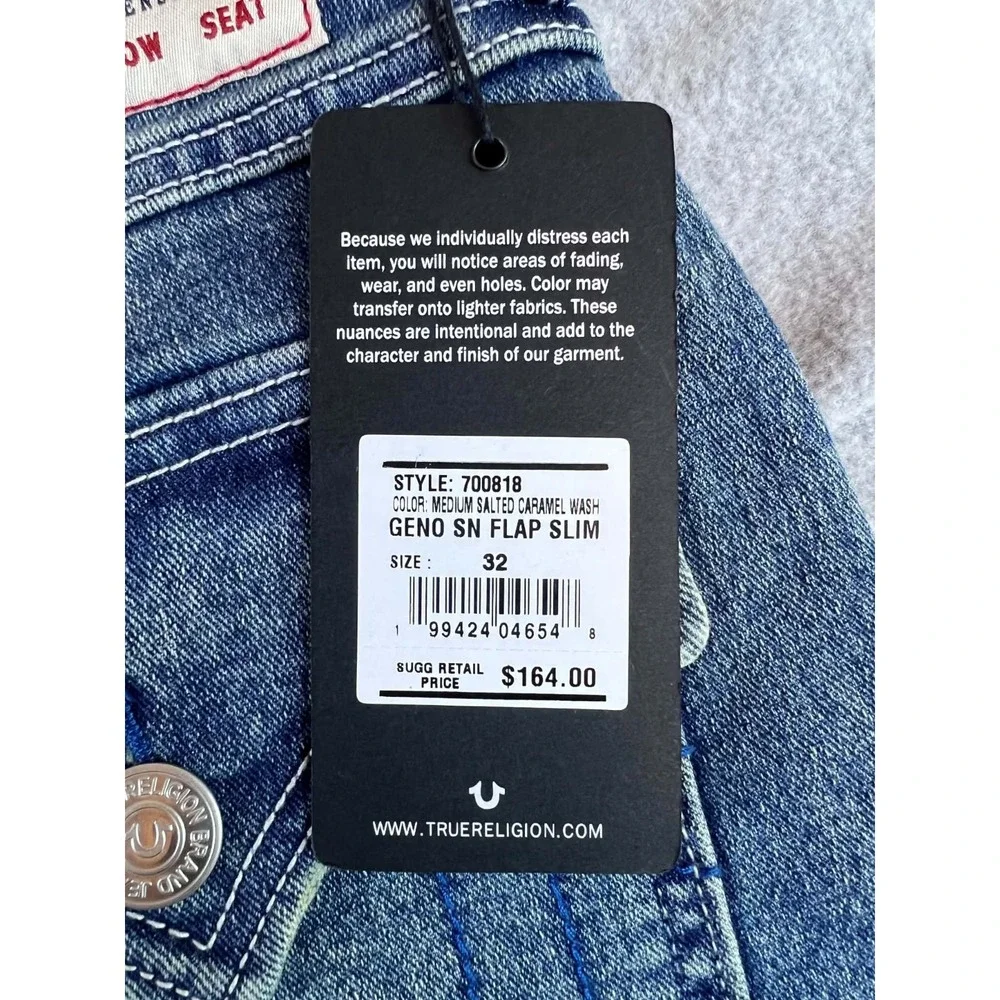 True Religion Men's 32x32 Geno Relaxed Slim Jeans Medium Wash NWT Flap Pocket.